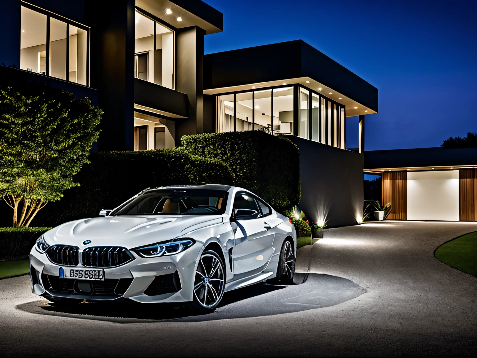 A white BMW840I  next to a modern mansion driveway at night