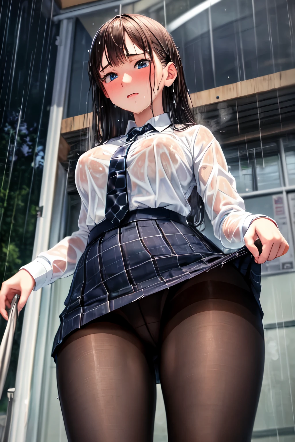 ((highest quality)), ((masterpiece)), (detailed), Perfect Face,((heavy rain)),((wet)),Embarrassed,Embarrassed,beautiful girl,high school girl,city,Being outdoors,White shirt,,Checkered mini skirt,hairpin,Black Pantyhose,(((oiled skin))),(((From below))),Checked tie,((Steam comes out from the body)),Sweat,