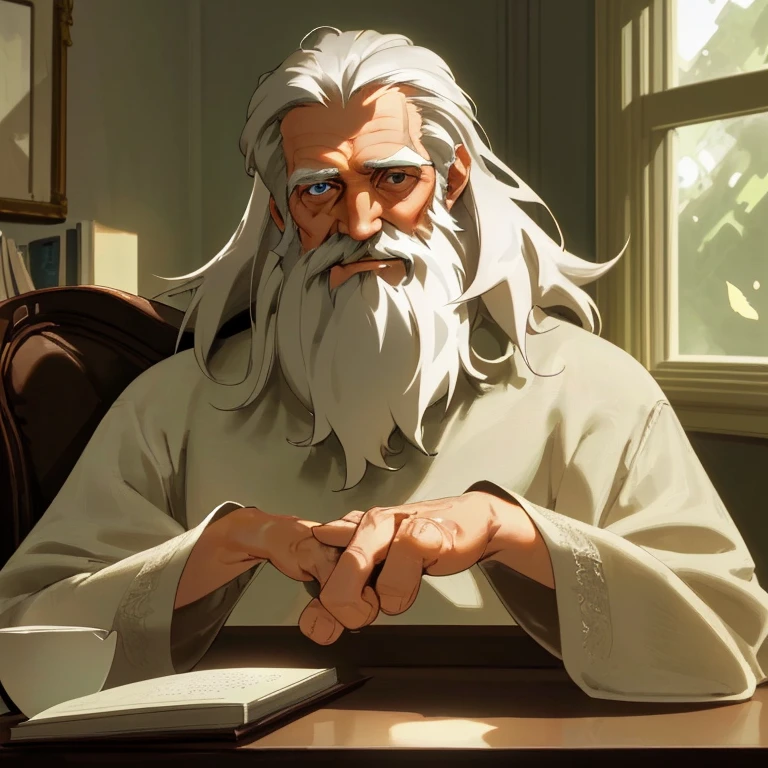 best quality,highres,ultra-detailed,realistic:1.37,aged man with a long white beard,wise and serene expression,piercing eyes,intelligent gaze,wrinkles on his face,distinctive features,detailed depiction of his hands,fine lines on his forehead,respectful and dignified posture,wisdom in his eyes,experience reflected in his expression,gray hair shining under the light,clear and sharp facial features,deep thoughts,calm demeanor,book-filled study in the background,sunlight streaming through the window,captivating lighting highlighting his wisdom,soft and warm color tones,elegant attire,gentle and soothing atmosphere,smiling,know everything