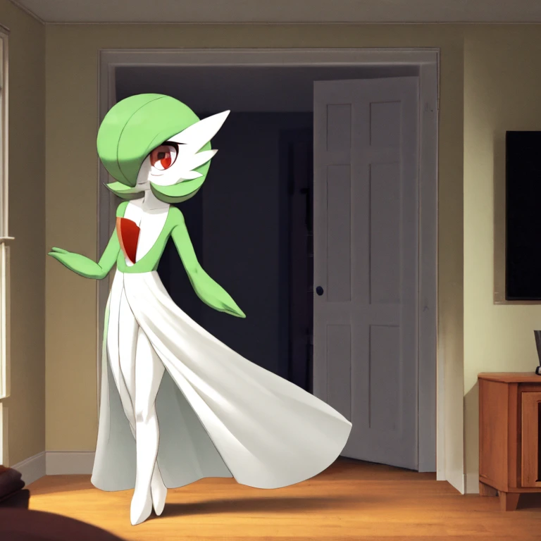 best quality, Gardevoir, pokemon, 1girl, solo, short height, red eyes, green hair, small smile, small mouth, wink, slim, cute, slender body, skinny legs, looking at viewer, blurry background, indoors, in house, full body, slim, ((masterpiece)), best quality, 4k, cinematic lighting, ray tracing, reflected light, panorama, flat chest, high detailed illustration, high detailed background, hi-res, white long dress, green top, bare legs, bare feet, small feet, standing, living room