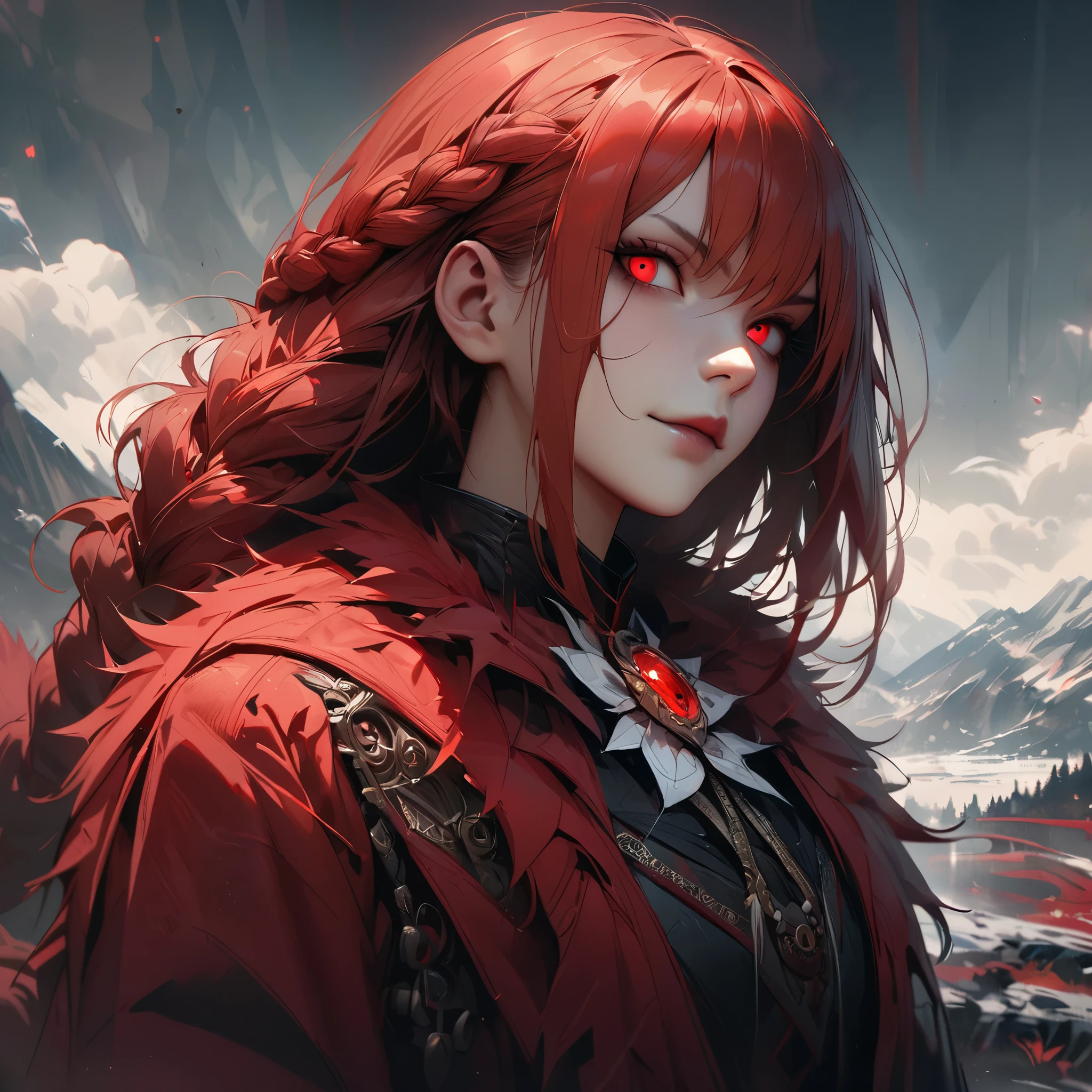 [Best quality,shaded,extreme detail,Highly detailed,Ultra detailed,intricate,Realistic,full view,detailed landscape],wolf woman,wolf girl,full body portrait,full fur,red fur,full tail,red tailed hair red, straight hair, hair with braid, a brooch in the hair, flower brooch, almond-shaped eyes, red eyes, intimidating smile, sinister look, demonic clothing