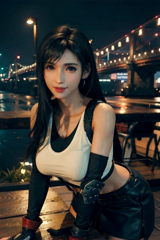 masterpiece, highest quality, Deftifa, White crop top, Elbow pads, Fingerless gloves, suspenders, Pencil Skirt, Upper Body, View your viewers, Leaning forward, smile, bar, City of night