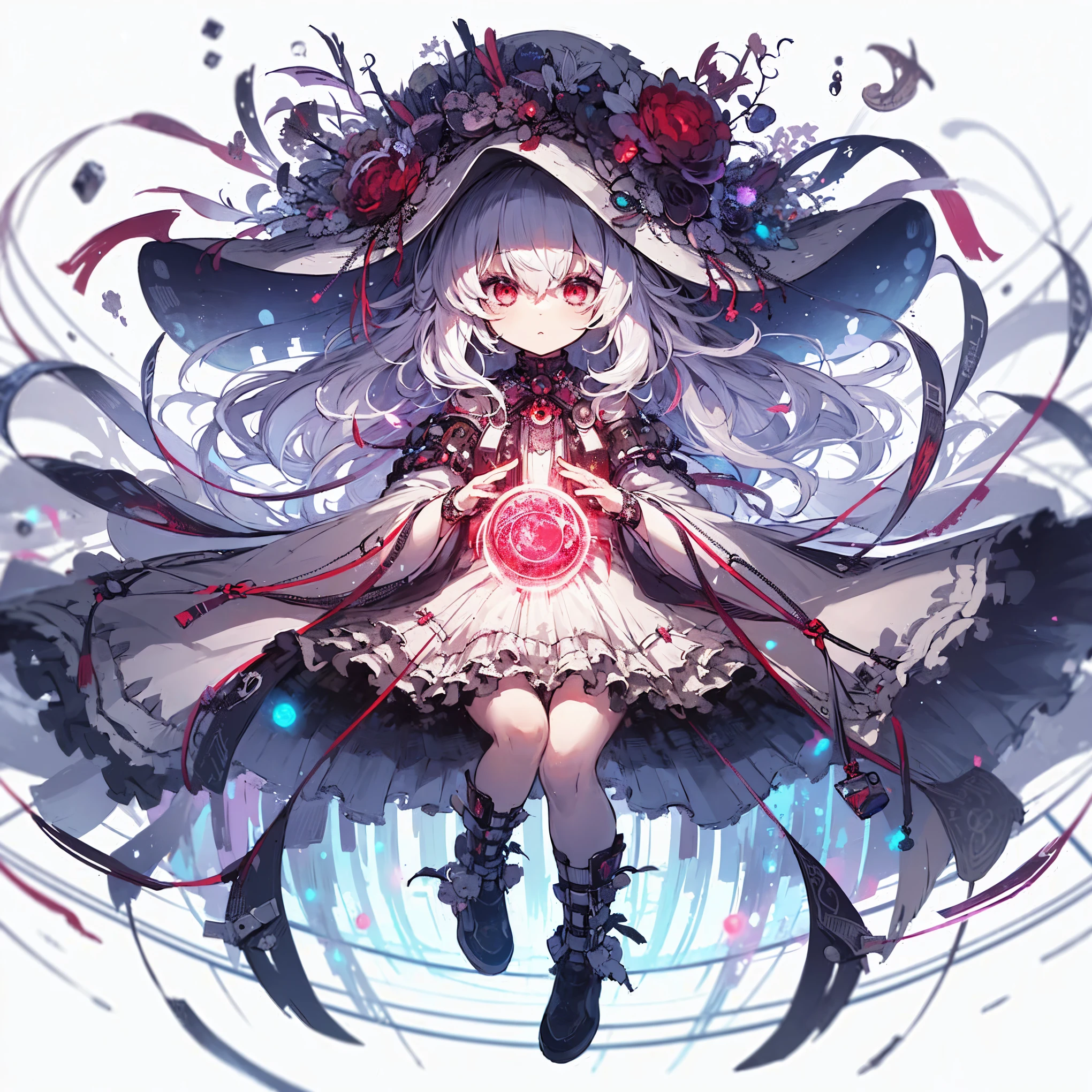 (Masterpiece, top quality), (detailed hair), super detailed, anime style, full body, solo, cyberpunk superpower girl, big and cute bonnet, full body covered in rags, wanderer outfit, white hair red eyes, floating in air, small stature, supernatural aura, Prismatic Hypnosis Aura. Beautiful and terrifying, digital painting, 8K hi-res, trending art station, white background, whole body, ((psychic energy ball on hands))
