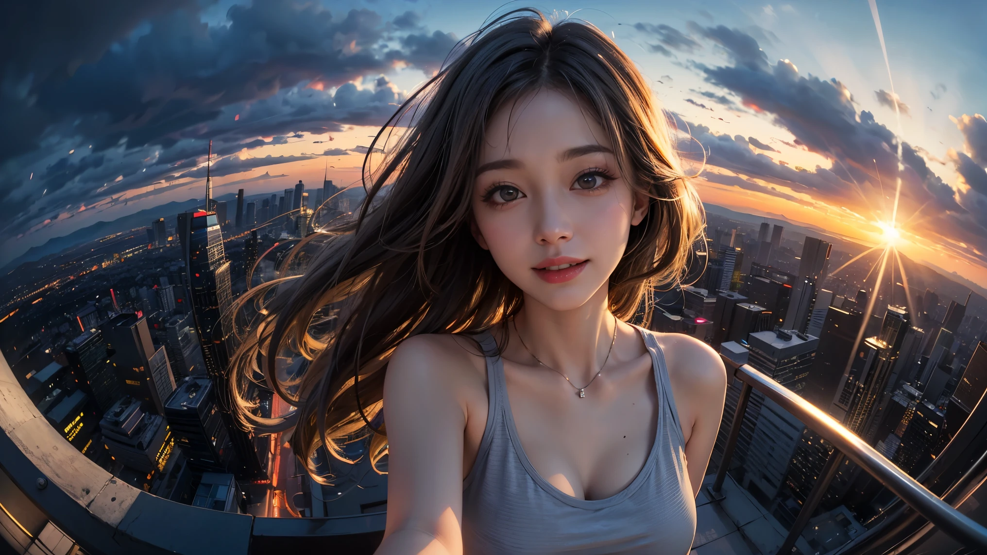 xxmixgirl,One girl, Fisheye Lens, Selfie, Wind, Messy Hair, sunset, Cityscape, (Aesthetics and atmosphere:1.2), Gray Hair,smile, Film Girl, Short top shirt, Chest wide open,