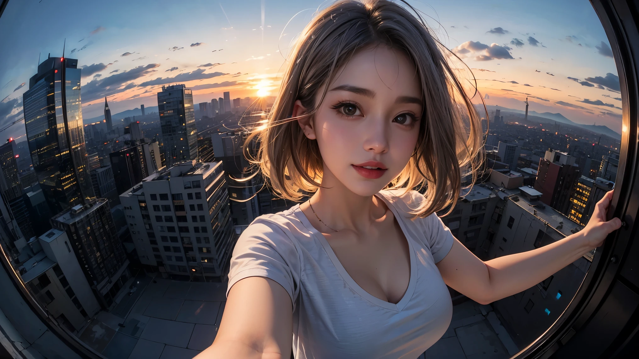 xxmixgirl,One Girl, Fisheye Lens, Selfie, Wind, Messy Hair, sunset, Cityscape, (Aesthetics and atmosphere:1.2), Gray Hair,smile, Film Girl, Short top shirt, Open your chest wide,