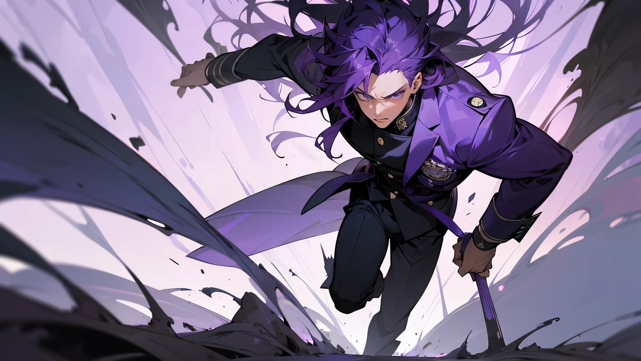 1 Boy, Long Purple Colored Messy Hair, Purple Eyes, Muscular, Gakuran Uniform, Stoic Pose, Forest Background, Walking on path