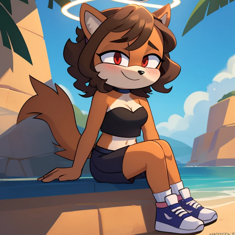 mobian, hedgehog, two-tone fur ((orange fur, brown fur)), pyjama elastic shorts, strapless crop top, cleavage, high-top sneakers, two-tone hair (brown hair, black tip)), curly hair, halo, sunglasses, jewelry, red eyes, longeyelashes, red eyes, smile, shy, blush, high detail, masterpiece, UHD, anatomically correct, super detail, highres, 4K