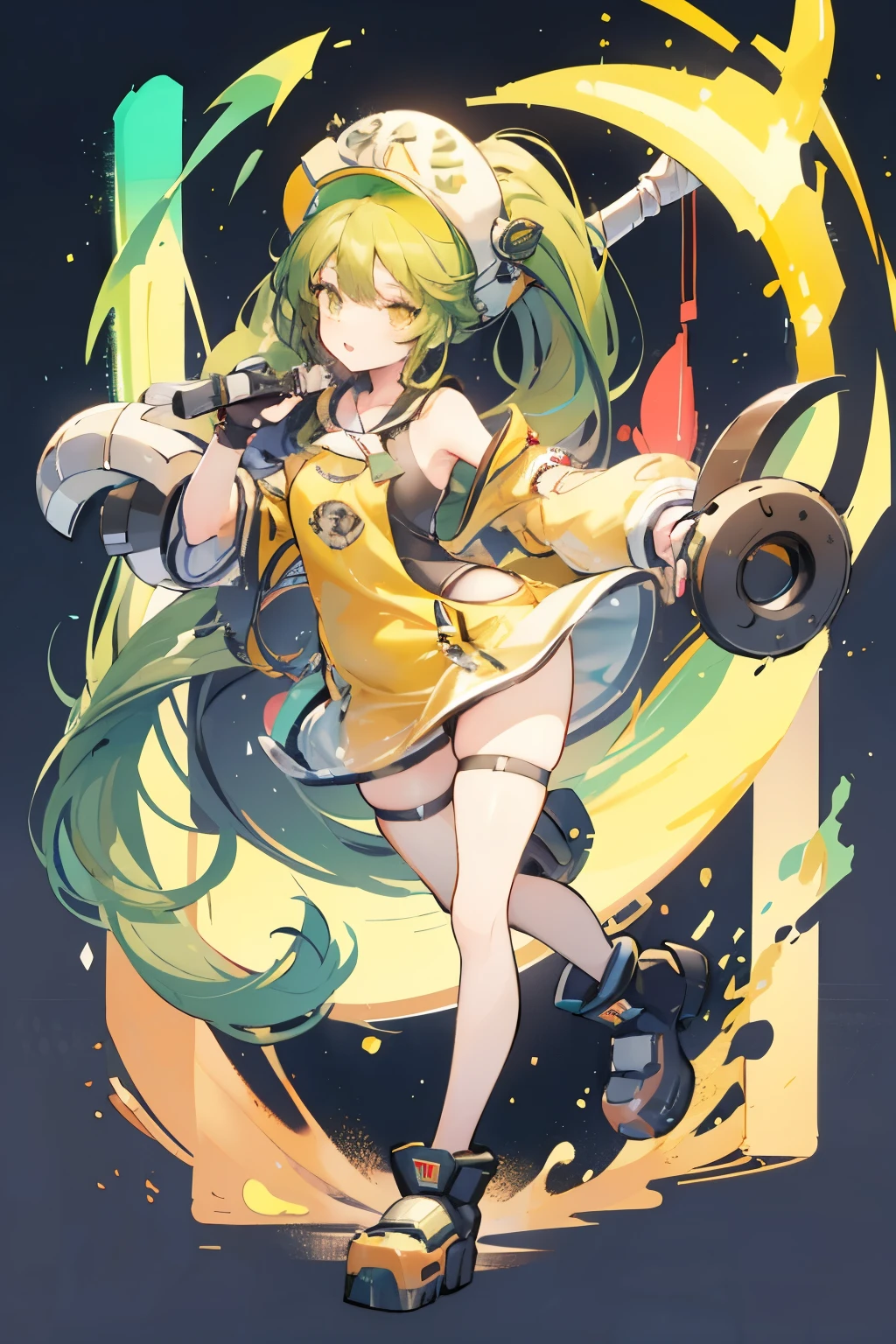 1 girl，Green Hair，Double pigtail braids，Pick and dye red hair，Small umbrella，Future light technology design clothing，White top，Black shorts，Ankle boots，Wear black gloves，Stockings，Character setting diagram，Three View，Full body picture，Yellow, green and white color，Reagent Dispenser