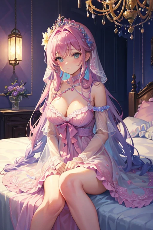 a close up of a woman in a lingerie posing for a picture, Sexy :8, Open V chest clothes, wearing Sexy lingerie, , lingerie, nightgown, Sheer, lingeries beauty, lacey, laced lingerie, Sexy gown, Sexy dress, Sexy style, Olive,opened dress、Beds with Arafed Bedrooms, Benches, And chandeliers, (Pink colors), Pink pastel, Girly Bedrooms, with soft Pink colors, Bedrooms, white and Pink, beautiful aesthetic design, Pink color scheme, Pink scheme, In romantic style, pastel Pink, Pastel Colors Theme, heaven Pink, dreamy and detailed, ((Pink)), Pink and gold color scheme、Pastel blue and pink, lovely pastel colors, Shades of pink and blue, Beautiful details and colors, Soft blue and pink colors, Beautiful flowers, beautifuly color, rich pastel colors, Nice colors, Beautiful lush colors, blue and pink colors, Very lovely pastel colors, Bright and soft colors, Pretty flowers、a woman in a Purple Dress standing in front of flowers, fantasy long intricate gown, sexy gown, fantasy dress, Wearing a purple gown, translucent  dress, extravagant dress, Purple Dress, intricate fantasy dress, magical dress, style of julia razumova, Ombre fishnet tights gown, dressed beautiful gown, by Gabriel Ba, diamond shimmering dress、A bride with long braids sitting at a table with flowers in her hair, (((flower in hair))), flower in hair, flower in hair, covered with flowers, floeers in hair, Complex hairstyle, Decorated with flowers, very Beautiful style, flower in hair, Beautiful aerith gainsborough, Tiara with amazing flowers, Beautiful!!!!!!!!!!!!, With colorful flowers