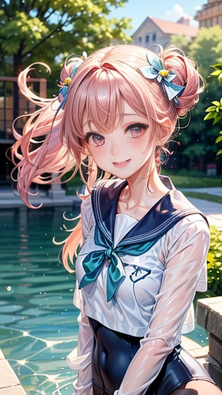 (Two girls)、Anime girl with pink hair and a ribbon in her hair, Cute realistic portrait, 、Gweitz, Magical Girl Portrait, Cute Characters, Cute art style, Anime Moe Art Style, MapleStory character art, cute portrait, Cute Anime Girl Portrait, Small person portrait, artwork in the style of Gweitz, Splash Art Anime ,((green、light blue、See-through sailor one-piece swimsuit、Wearing a blouse over her swimsuit、pantyhose、White mini skirt))、Cute Earrings、Long Hair Twin Tail、bird、Wind、smile、Embarrassed face、Embarrassing