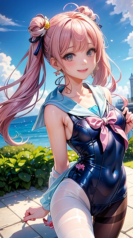 (Two girls)、Anime girl with pink hair and a ribbon in her hair, Cute realistic portrait, 、Gweitz, Magical Girl Portrait, Cute Characters, Cute art style, Anime Moe Art Style, MapleStory character art, cute portrait, Cute Anime Girl Portrait, Small person portrait, artwork in the style of Gweitz, Splash Art Anime ,((green、light blue、See-through sailor one-piece swimsuit、Wearing a blouse over her swimsuit、pantyhose、White mini skirt))、Cute Earrings、Long Hair Twin Tail、bird、Wind、smile、Embarrassed face、Embarrassing