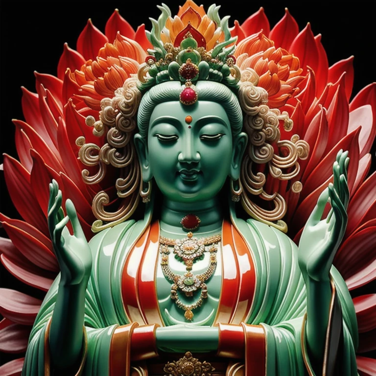  statue of thousand hands guan yin made of jade and jewelry, crystal clear and shinning, beautyfull  face, many hands, detailed hands,  floating red ruby lotus , full body, masterpieces, super detail, epic composition, ultra HD, high quality, extremely detailed, official art, unified 8k wallpaper, Super detail, 