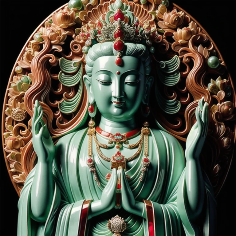  statue of thousand hands guan yin made of jade and jewelry, crystal clear and shinning, beautyfull  face, many hands, detailed hands,  floating red ruby lotus , full body, masterpieces, super detail, epic composition, ultra HD, high quality, extremely detailed, official art, unified 8k wallpaper, Super detail, 