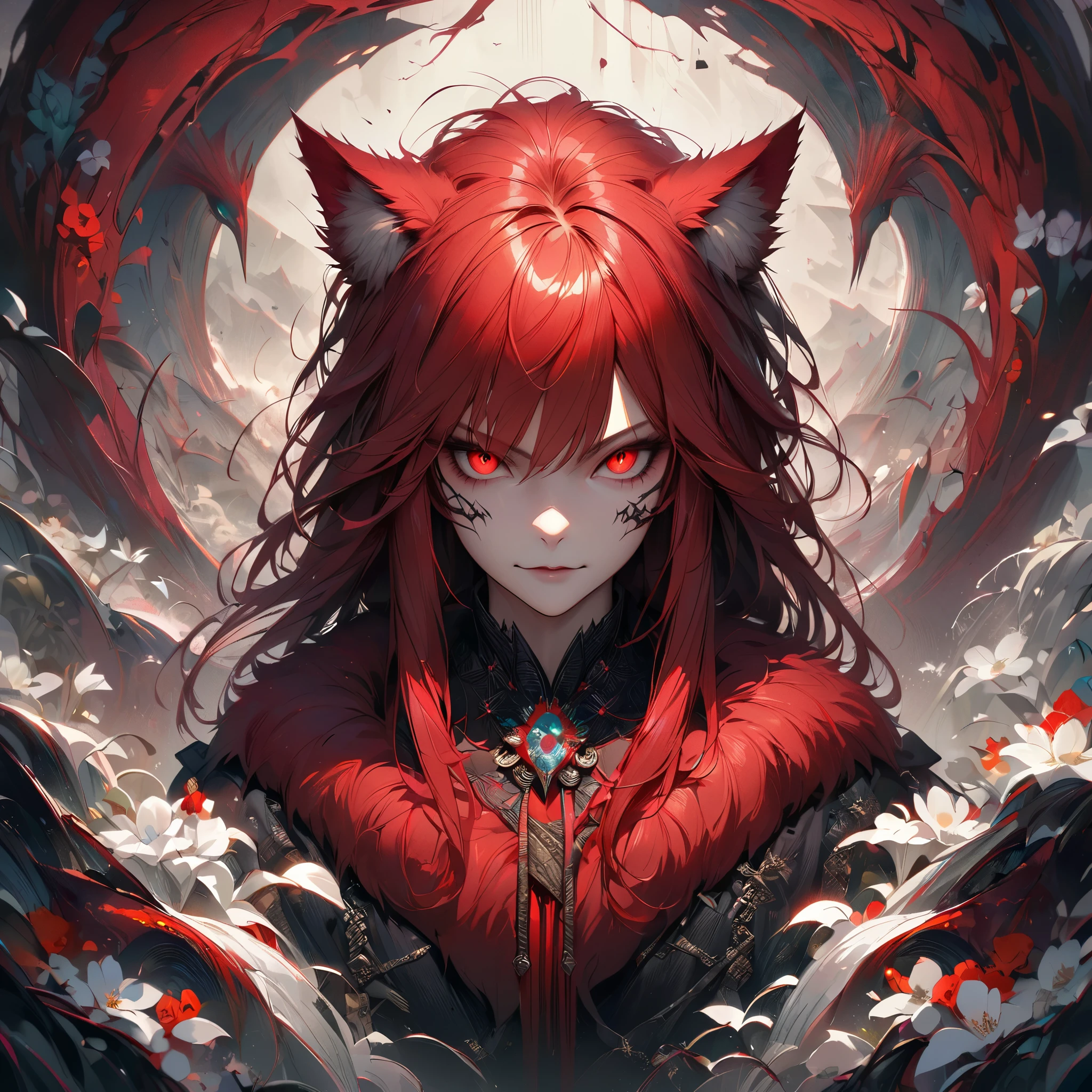 [Best quality,shaded,extreme detail,Highly detailed,Ultra detailed,intricate,Realistic,full view,detailed landscape],wolf woman,wolf girl,full body portrait,full fur,red fur,full tail,red tailed hair red, straight hair, hair with braid, a brooch in the hair, flower brooch, almond-shaped eyes, red eyes, intimidating smile, sinister look, demonic clothing