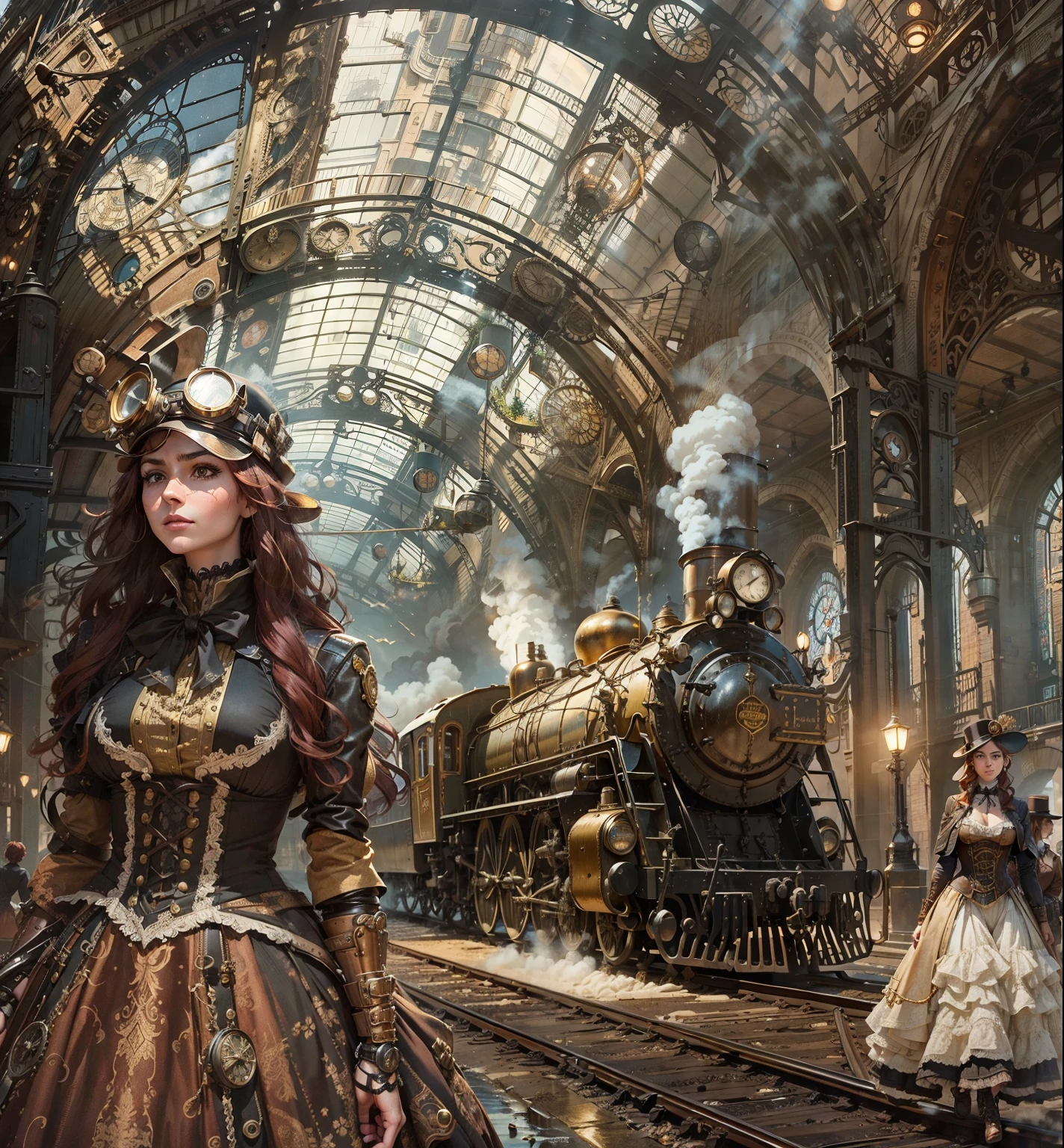 arafed image of a woman in a black rubber outfit walking in a train station, hyperrealistic fantasy art, karol bak uhd, dieselpunk railway station, by Johfra Bosschart, sci-fi steampunk, beautiful sci fi art, sci-fi fantasy art, artgerm julie bell beeple, by James Gurney, by Marek Okon
