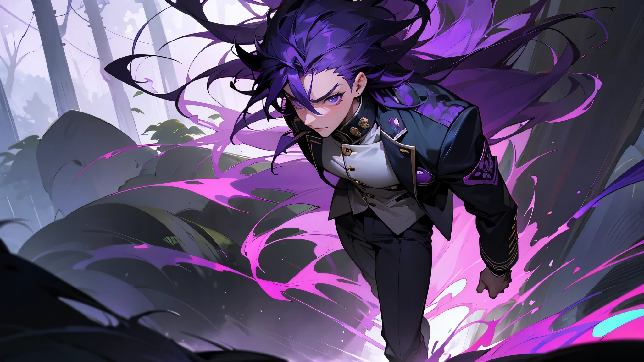 1 Boy, Long Purple Colored Messy Hair, Purple Eyes, Muscular, Gakuran Uniform, Stoic Pose, Forest Background, Walking on path