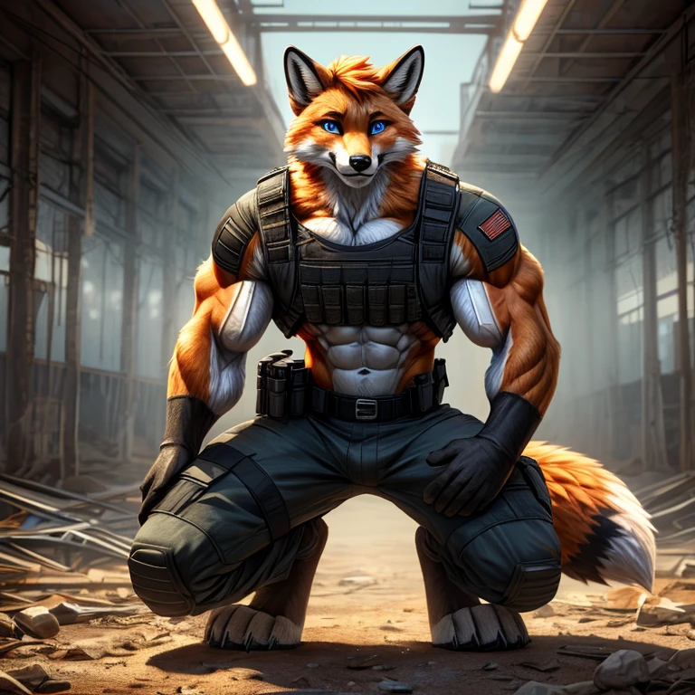 Masterpieces, furry, male, Anthropomorphic, red fox, blue eyes, black mark on muzzle, thin body, age 20, Delicate eyes, furred body, at chernobyl , perfect lighting, light particles,(best quality),(masterpiece),(ultra detailed), sharp focus, light particles, detailed barren background, black camo military short, shirtless, wearing heavy bulletproof vest , no shirt , fierce look, soldier look, full body, six pack abs, brown forearms, (detailed muscle:1.5), orange hair, digitigrade, open black leather jacket 