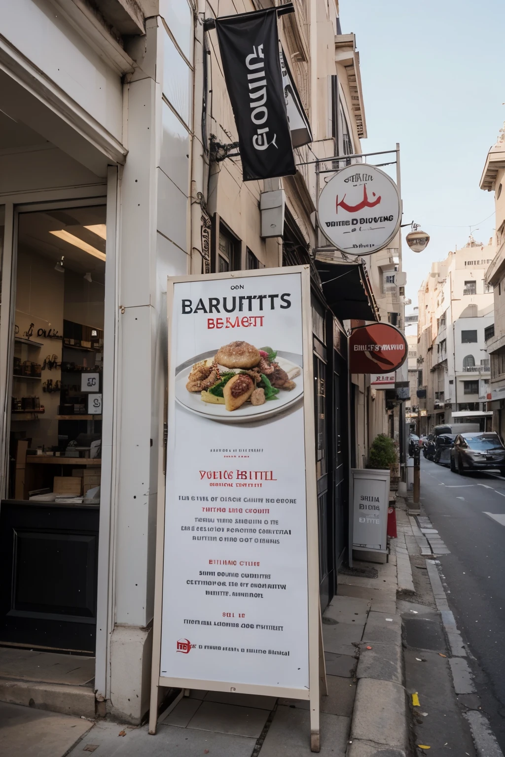 I have a shop and I would like to create a 3 metre wide by 0.57 metre high sign to put up in front of my restaurant called Beirut Bites.
You can use white with black, or red with other colours.