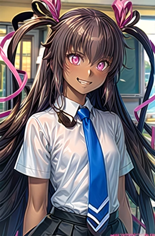 (masterpiece,highest quality, detailed), One girl, alone, indoor, classroom, View your viewers, Grin, Upper Body,Pink Eyes Mizuki Yukikaze, Hair Ribbon, , Blue tie, White shirt, Pleated skirt, Blue Skirt, Short sleeve, whole body