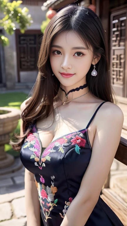 Uruchan-6500-v1.1, (Photo RAW:1.2), (Realistic:1.4), Delicate and beautiful girl, The sparkling eyes create a very fun atmosphere.................. . ......,, Attractive eyes and moist lips, Long black hair,（smile：1.3）,Detailed facial depiction, Formula Details, Beautiful face Star masterpiece Attention to detail, Explain the role in detail ,Detailed depiction of hair, Carefully drawn, My body is undulating, Detailed hand drawing, Detailed drawings of clothes, Facial detailing, Perfect Face, Detailed hand drawing, Four fingers and a thumb：1 ,3）,Facial Correction,Choker Necklace, Earrings, Expert work, Very close to reality, (whole body写真： 1.5）), Best image quality, highest quality, Unlimited Details, 8k resolution,(( (Beautiful embroidered Chinese dress 1.5)))((Pink lavender long skirt Chinese dress)))（Ancient courtyard scenery：1.3）,smile, narrowed hips, Sexy pose,Bold Pose, (Beautiful legs visible through the slit of a long skirt) , Large Breasts, Beautiful flowing hair,(whole body), (Cute face: 1.15), (Big Breasts: 1.0) High heels, Big sexy hips, Medium Sexy Thighs