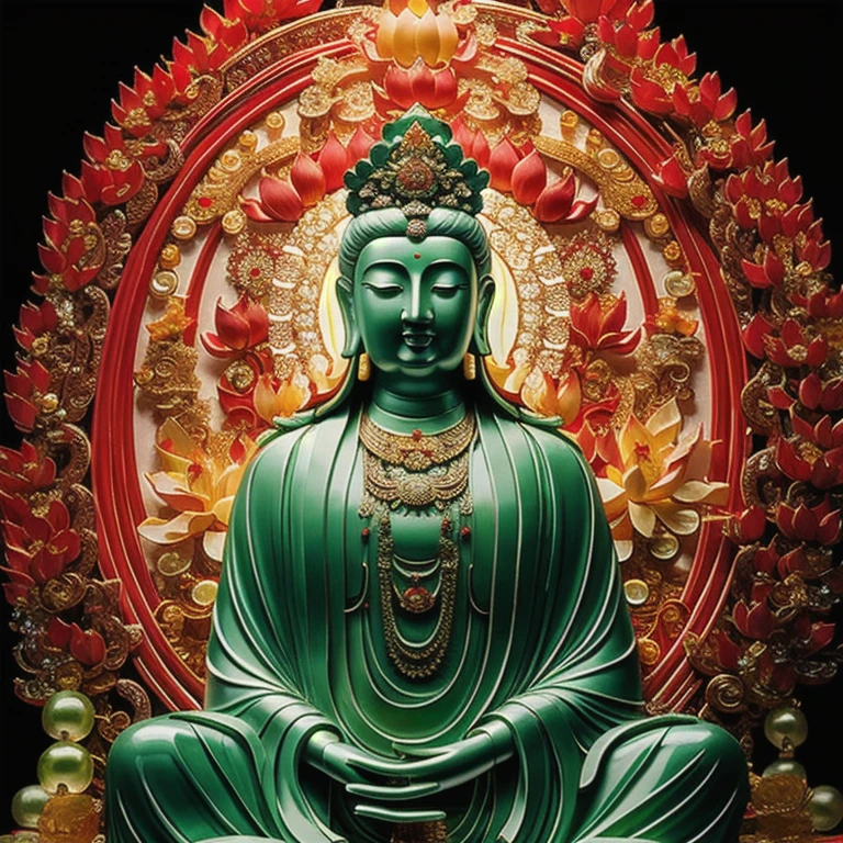  statue of thousand hands guan yin made of jade and jewelry, crystal clear and shinning, beautyfull  face, many hands, detailed hands,  floating red ruby lotus , full body, masterpieces, super detail, epic composition, ultra HD, high quality, extremely detailed, official art, unified 8k wallpaper, Super detail, 