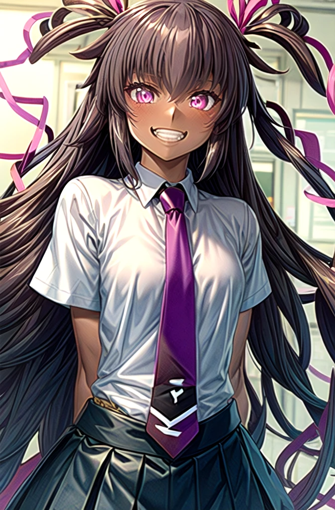 (masterpiece,highest quality, detailed), One girl, alone, indoor, classroom, View your viewers,  Grin, Upper Body,Pink Eyes Mizuki Yukikaze, Hair Ribbon, , Blue tie, White shirt, Pleated skirt, Blue Skirt, Short sleeve, whole body