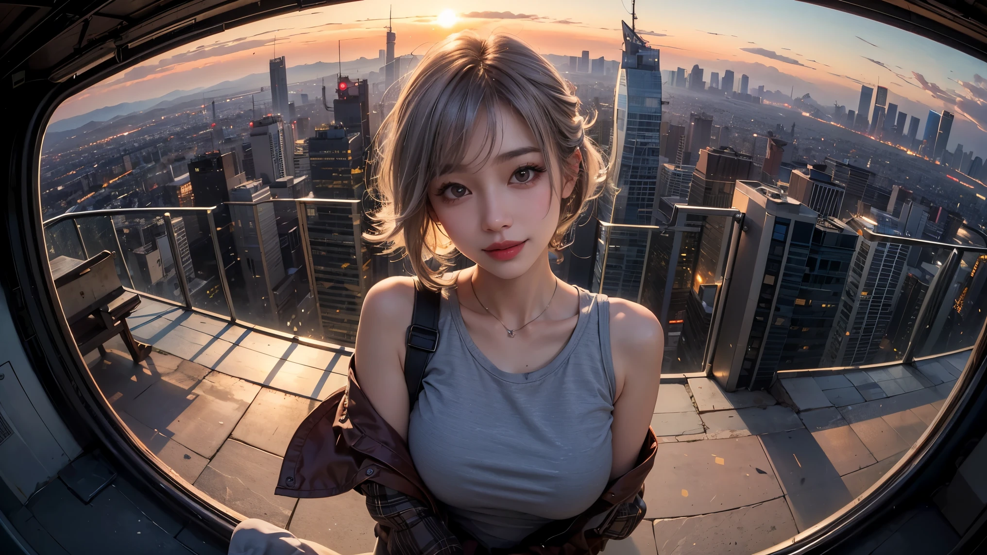 xxmixgirl,One Girl, Fisheye Lens, Selfie, Wind, Messy Hair, sunset, Cityscape, (Aesthetics and atmosphere:1.2), Gray Hair,smile, Film Girl, Short top shirt, Open your chest wide,