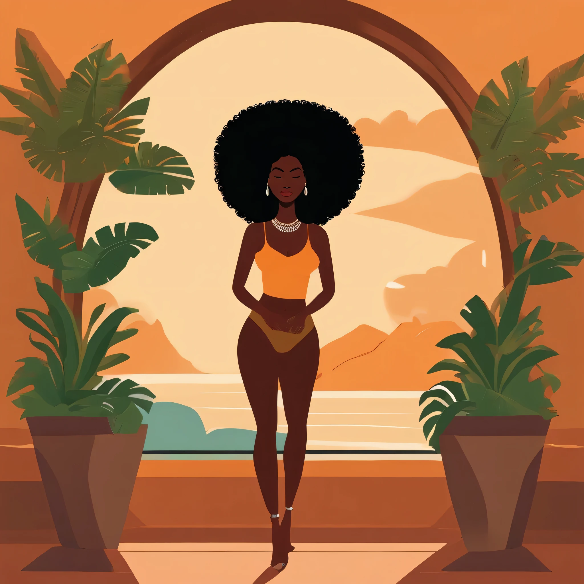 Black girl, slim figure, afro hair , perfect slim hourglass figure standing in a minimal brown-ish wall giving tropical vibes