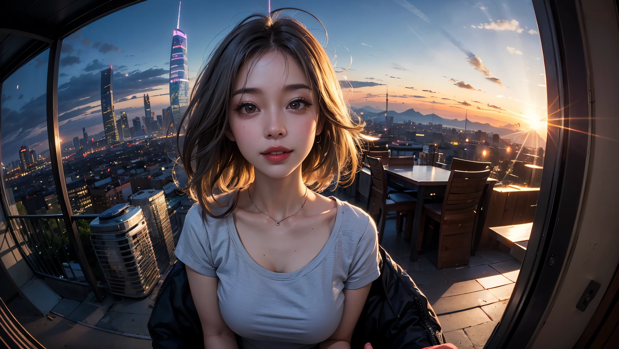 xxmixgirl,One Girl, Fisheye Lens, Selfie, Wind, Messy Hair, sunset, Cityscape, (Aesthetics and atmosphere:1.2), Gray Hair,smile, Film Girl, Short top shirt, Open your chest wide,