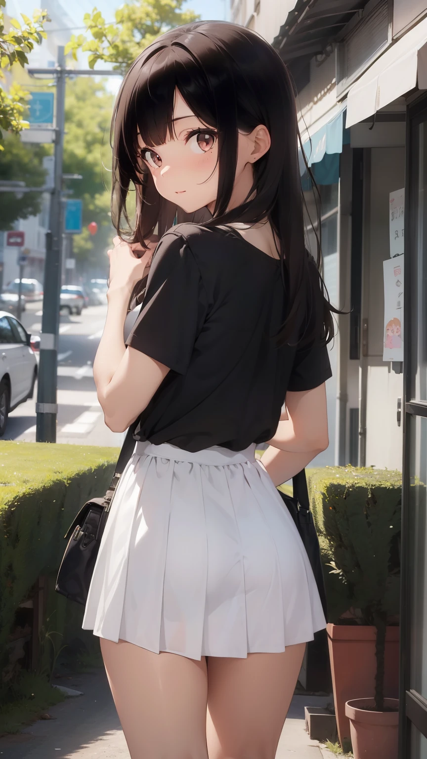 1girl, full body shot, medium long brown hair, black summer top, white short skirt, cute, hot, smooth skin, bare legs, absurdres, happy, high res, ultrasharp, 8K, sunny day, outdoors, looking at viewer, from behind
