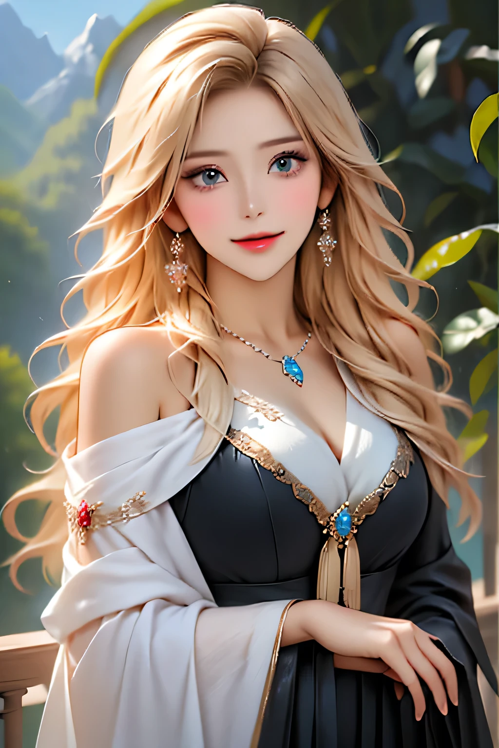 highest quality、masterpiece、超A high resolution、(Realistic:1.4)、(Real skin texture:1.3)、(Film Grain:1.3)、Panorama、Portraiture、very wide angle lens、close、Tyndall effect、Perfect beautiful woman in her 30s、Beautiful eye and skin details、A small smile、long hair、 Blonde、Eye color is red、bust、Mountain Background、Ethnic makeup on face、Barbarian、Wild image、eye shadow、Strong women、Black clothes like a wizard