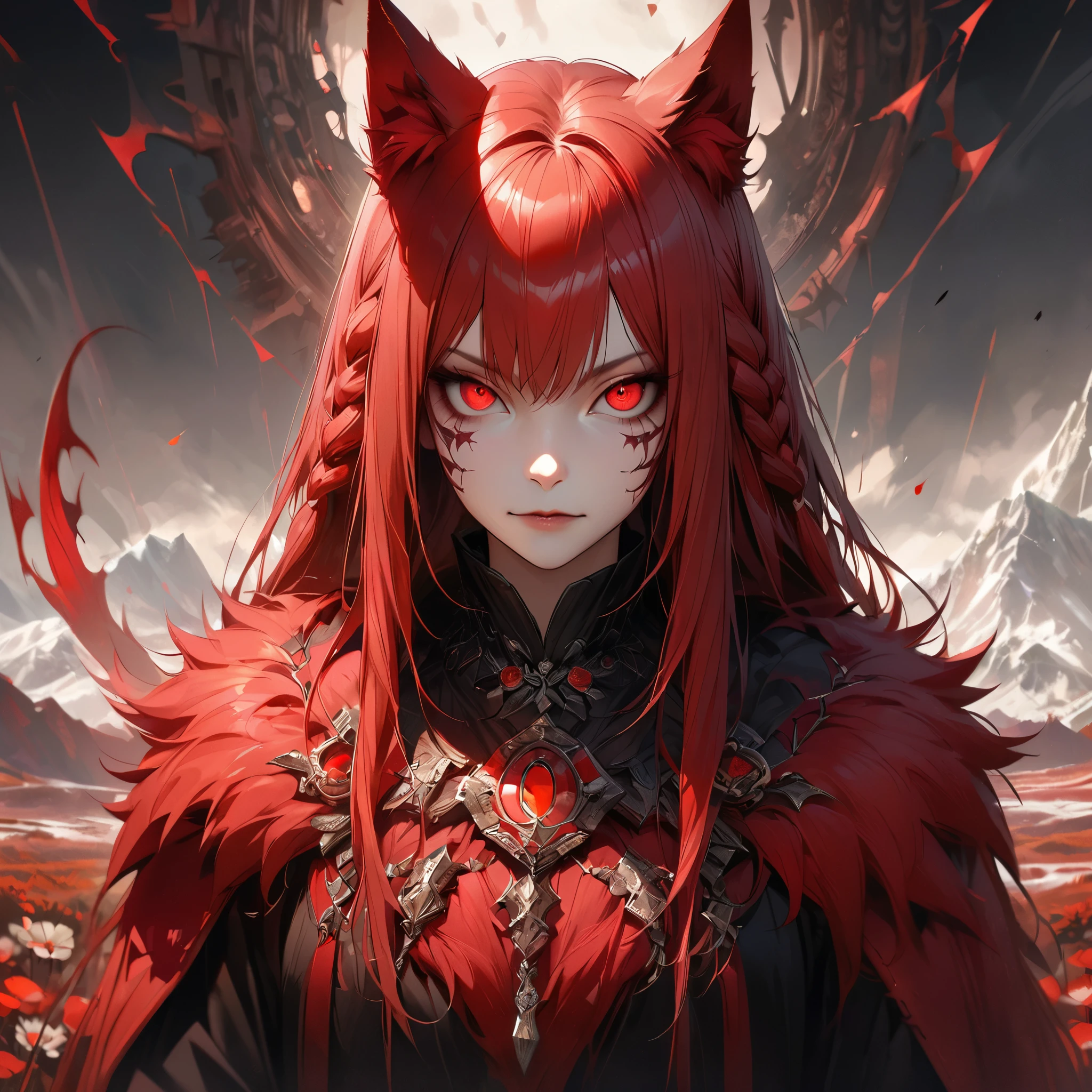 [Best quality,shaded,extreme detail,Highly detailed,Ultra detailed,intricate,Realistic,full view,detailed landscape],wolf woman,wolf girl,full body portrait,full fur,red fur,full tail,red tailed hair red, straight hair, hair with braid, a brooch in the hair, flower brooch, almond-shaped eyes, red eyes, intimidating smile, sinister look, demonic clothing