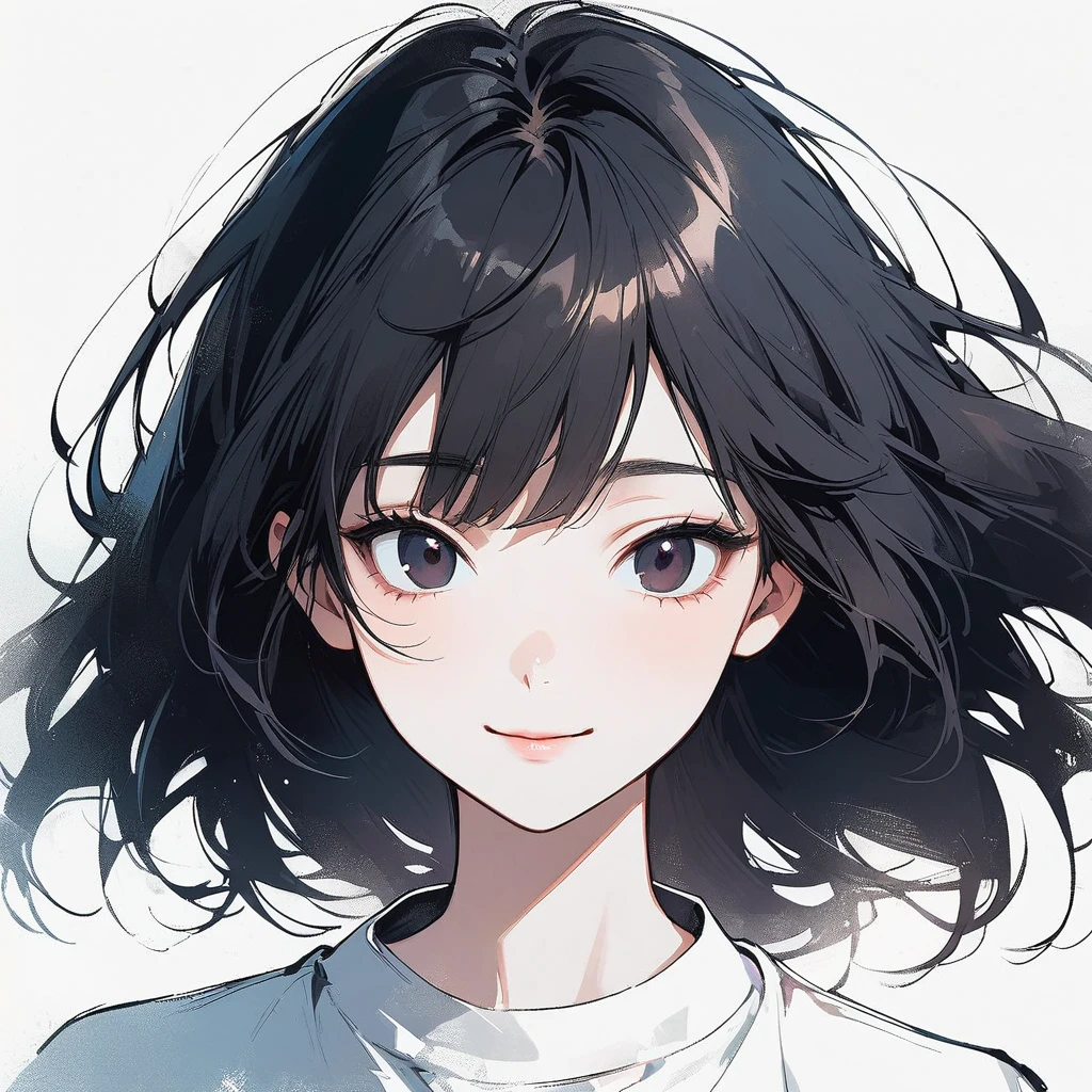 Pigtails, slender, pale, Pure, simple, White background, close-up of the face, black hair, black eyes, Straight hair, Asian eyes, Slanted eyes, Small eyes, Narrow eyes, Chinese eyes, korean, smiling, wind