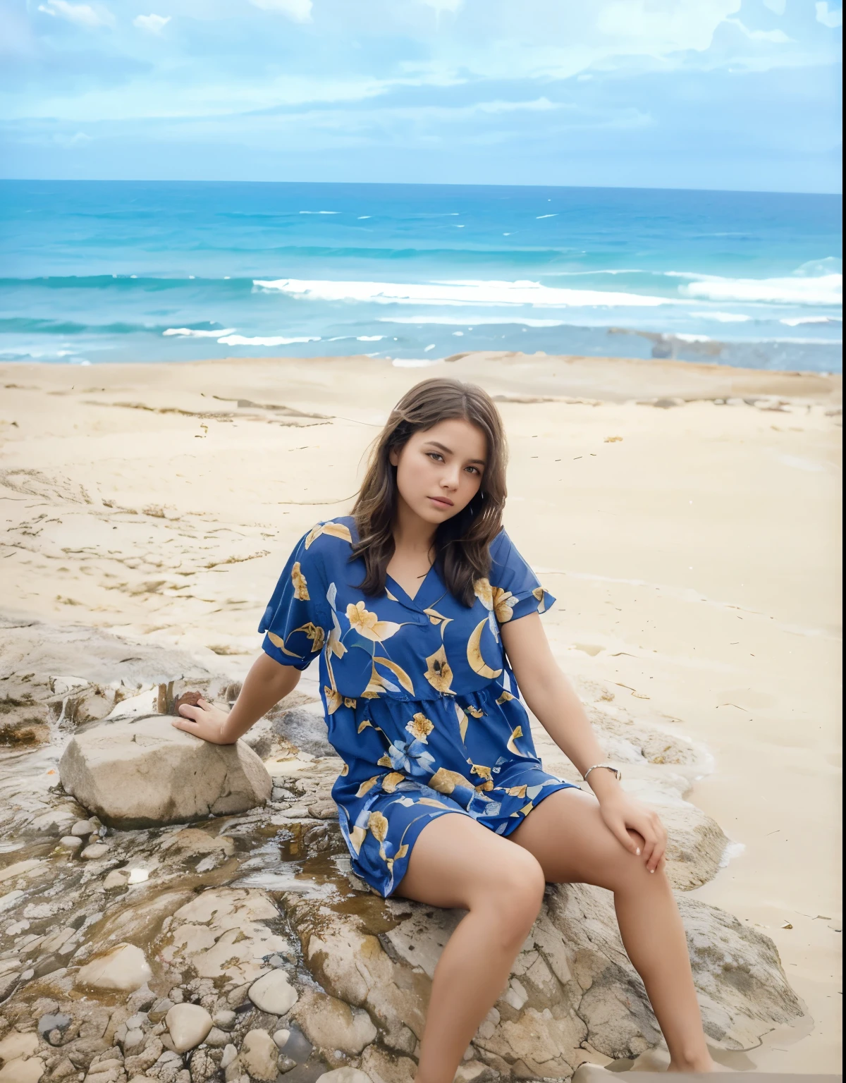 A girl She sits on a rock by the ocean. Early morning, the rising Sun plays with rays in the girl’s hair. Cinematic frame, Hasselblad X2D, Vogue edition, ultra-detailed, photorealistic, 3:4 scale, version 5.2.