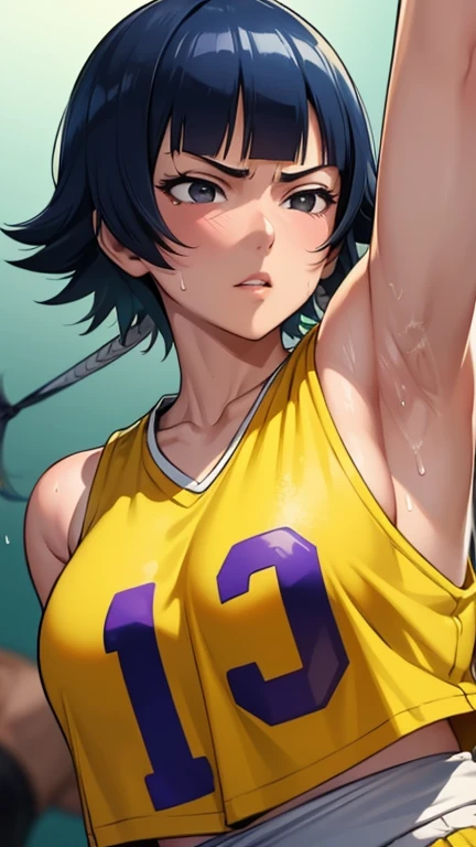 a close up of a person wearing a basketball uniform, a picture, inspired by Kentaro Miura, trending on pixiv, Nico Robin, One Piece, wearing yellow nba jersey, yellow croptop nba jersey, wearing a low cut croptop, wearing croptop, croptop, the word "Lakers" on the croptop, golden raito, (winking), shirobako, large)}], favorite scene, fine details. anime. skins, sweating, big breasts, both hands raised, armpits, armpits visible, dripping with sweat, more more sweat, sweaty armpits