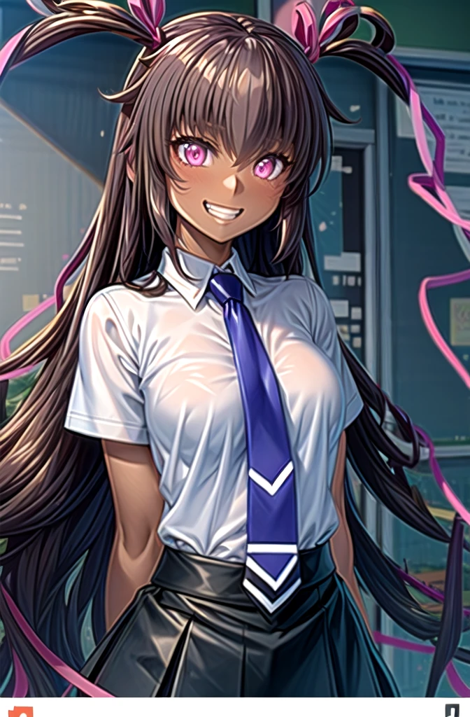 (masterpiece,highest quality, detailed), One girl, alone, indoor, classroom, View your viewers, Grin, Upper Body,Pink Eyes Mizuki Yukikaze, Hair Ribbon, , Blue tie, White shirt, Pleated skirt, Blue Skirt, Short sleeve, whole body、Big Breasts