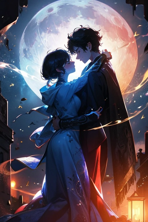 fullmoon,moon focus,1girl and 1boy,shadow,hug,in front of fullmoon,night, Fantastic