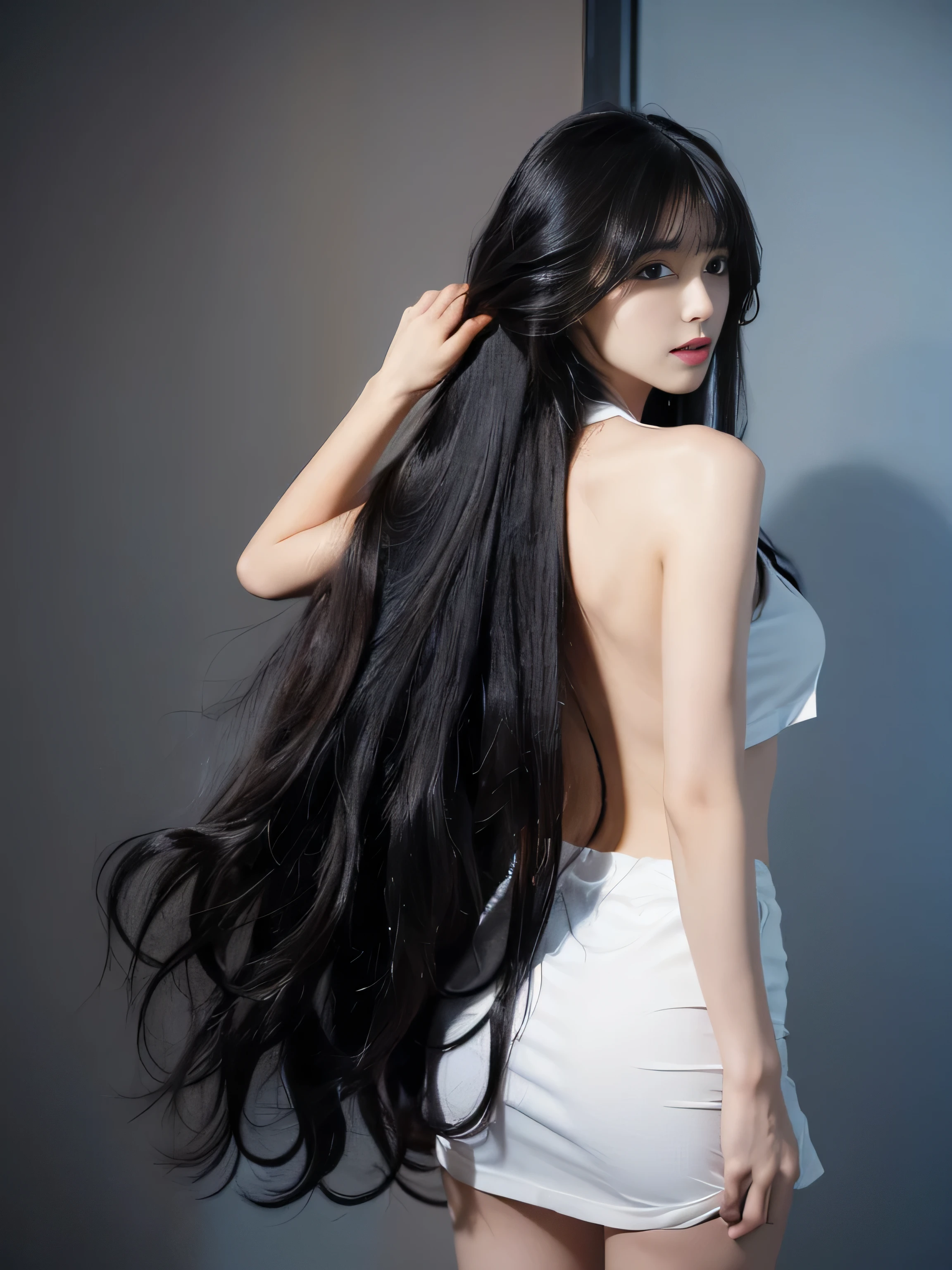 (Pure white wall background:1.8. Upper body photo from the knees up)　((Random poses showing as much back and hair as possible:1.5))　((Beautiful 24-year-old hair model with long black hair, girl with super length Hair, extremely length Hair, extra length Hair, very long, Flowing Hair, very length Hair, length Hair girl, very long, Flowing black hair, length Hair windy, Very long black hair, length, Flowing Hair, length and or curly hair, with length Hair, length Hair!!!!　Her highest quality hair is long and 真っ直ぐ or curly hair very long, highest quality black hair, length hair in the center, Highest quality long Straight or curly hair, length, Straight or curly hair, beautiful, High quality hair, length and free black highest quality Straight or curly hair, length Hair, length and Straight or curly hair, highest quality black hair, Perfect silky Straight or curly hair of the highest quality, Straight or curly hair, highest quality black hair, length black Straight or curly hair, length, Thin black hair　Her hair is long and Straight or curly hair, very long black hair, length hair in the center, length Straight or curly hair, length, Straight or curly hair, beautiful hair of the highest quality, length Hair, length, Straight or curly hair black hair, length and free Straight or curly hair black hair, Straight or curly hair black hair))　(Her bangs are perfect.:1.3)　(The most beautiful 24-year-old hair model in Japan)　　((highest quality)), ((masterpiece)), (Familiar)　(Get used to it)　Perfect Face　　(Her skin is a typical 日本ese skin color.、And very detailed)　　(Big Breasts)　(She is wearing a light blue skirt and a white blouse....)　(She has a beautiful face and a slim figure..., Narrow eyes)　(She has perfect beautiful makeup and face　Lipstick is light red　A solid eyeliner)　((Rich 1.4))　(Extremely detailed 8K)　(Ultra-fine skin texture 1.4)　(Actual, Vibrant:1.4), double eyelid　Sharp focus:1.2、Beautiful woman:1.4　Dynamic Lighting　(Genuine RAW photos taken by professional photographers)　(Her long bangs、Well Organized)　Professionally lit from the front　(She has a bright and cheerful face)　