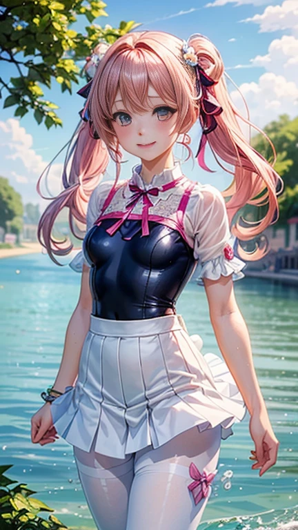 (Two girls)、Anime girl with pink hair and a ribbon in her hair, Cute realistic portrait, 、Gweitz, Magical Girl Portrait, Cute Characters, Cute art style, Anime Moe Art Style, MapleStory character art, cute portrait, Cute Anime Girl Portrait, Small person portrait, artwork in the style of Gweitz, Splash Art Anime ,((green、薄いgreen色、See-through、See-throughのセーラーワンピースの水着、Wearing a blouse over her swimsuit、pantyhose、White mini skirt))、Cute Earrings、Long Hair Twin Tail、bird、Wind、smile、Embarrassed face、Embarrassing