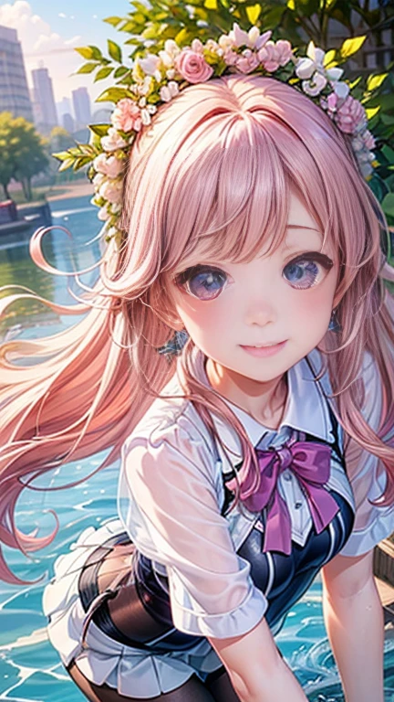 (Two girls)、Anime girl with pink hair and a ribbon in her hair, Cute realistic portrait, 、Gweitz, Magical Girl Portrait, Cute Characters, Cute art style, Anime Moe Art Style, MapleStory character art, cute portrait, Cute Anime Girl Portrait, Small person portrait, artwork in the style of Gweitz, Splash Art Anime ,((green、薄いgreen色、See-through、See-throughのセーラーワンピースの水着、Wearing a blouse over her swimsuit、pantyhose、White mini skirt))、Cute Earrings、Long Hair Twin Tail、bird、Wind、smile、Embarrassed face、Embarrassing