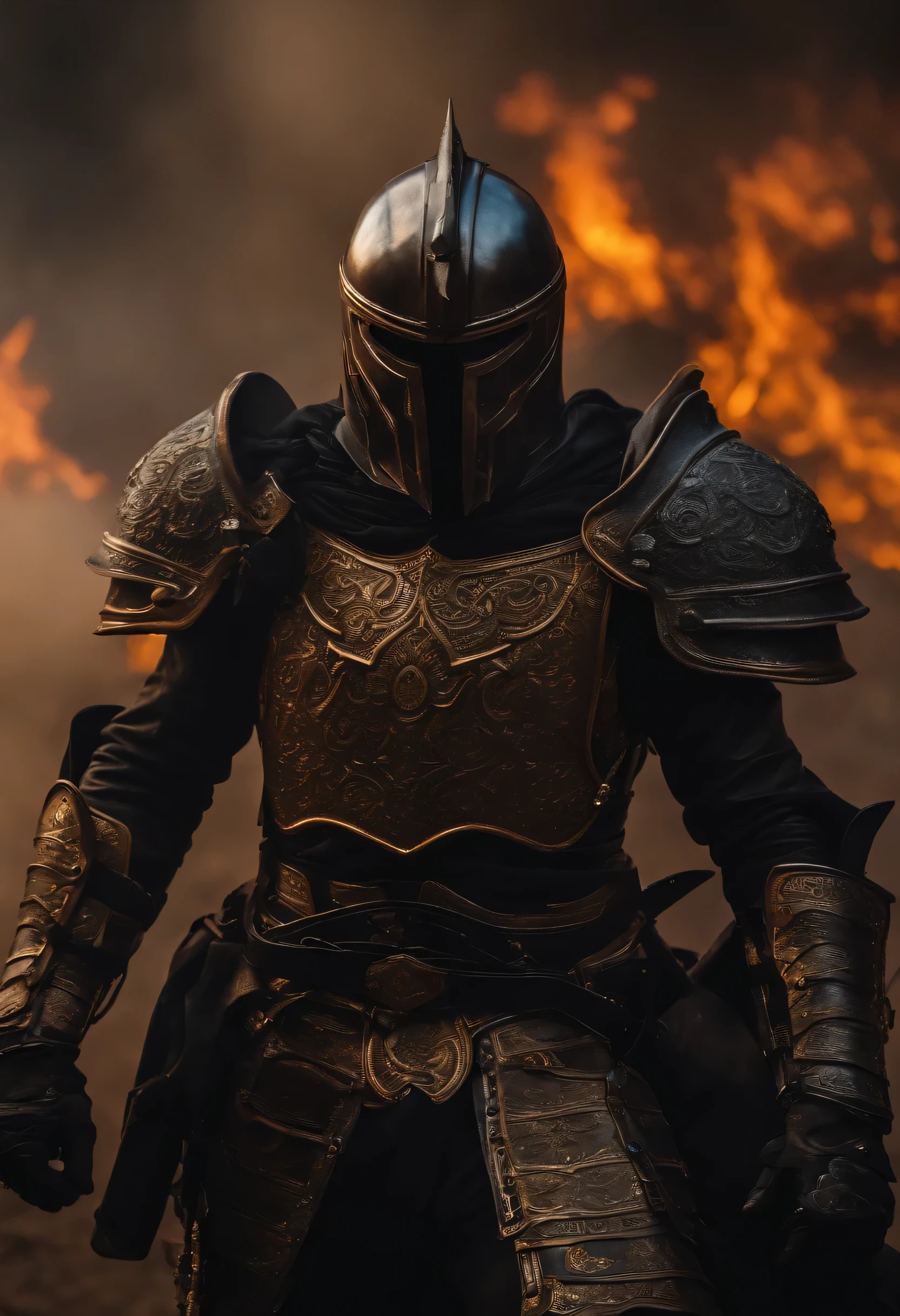 A warrior man with light black armor, Without helmet, With burning eyes