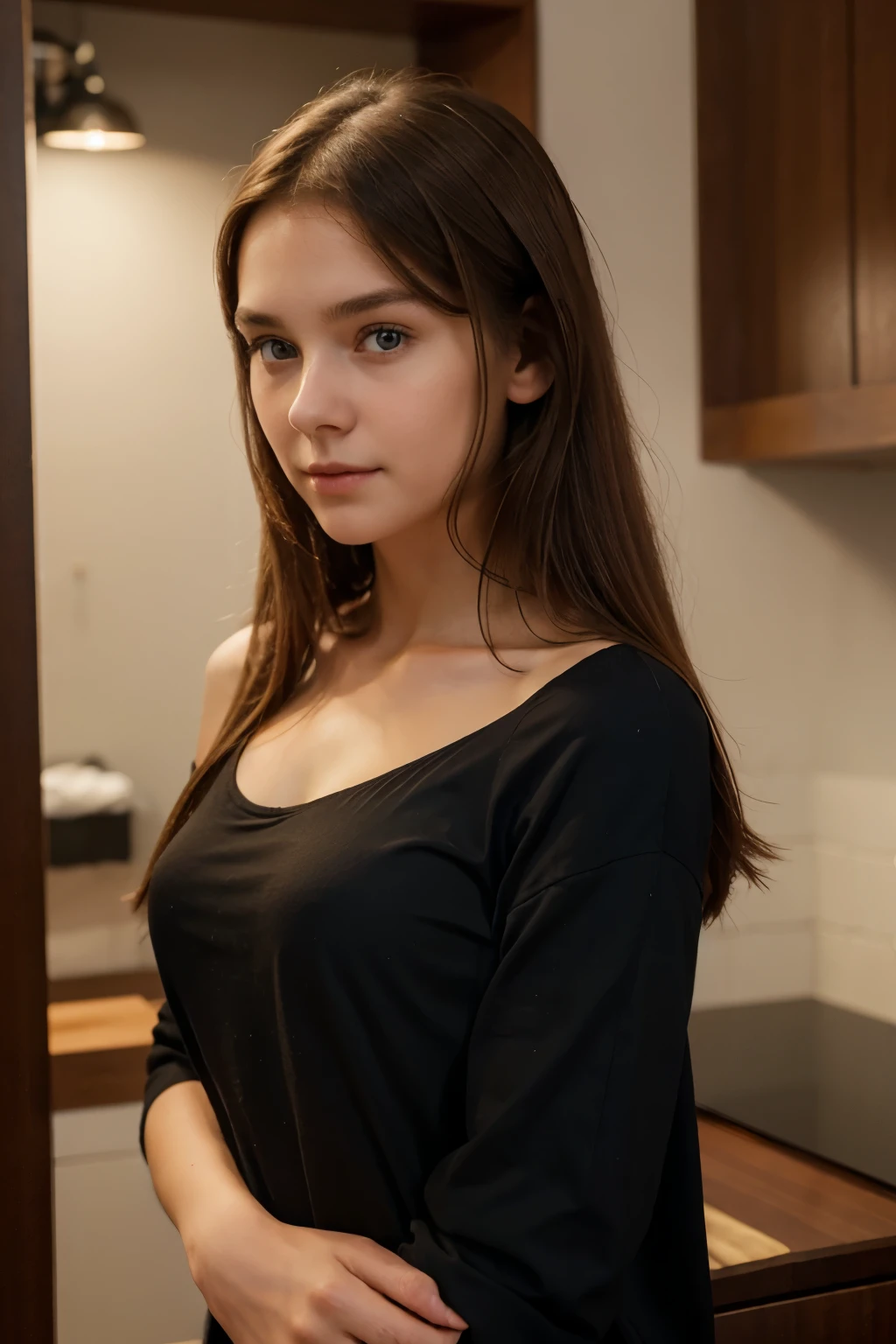 An ultra-realistic photo of a young girl of Slavic appearance, with
very fair skin, an elongated oval face, a thin build, size S, short
shoulder-length brown hair, wearing a large black shirt. He looks at
the camera and doesn't smile widely, stock photo style 