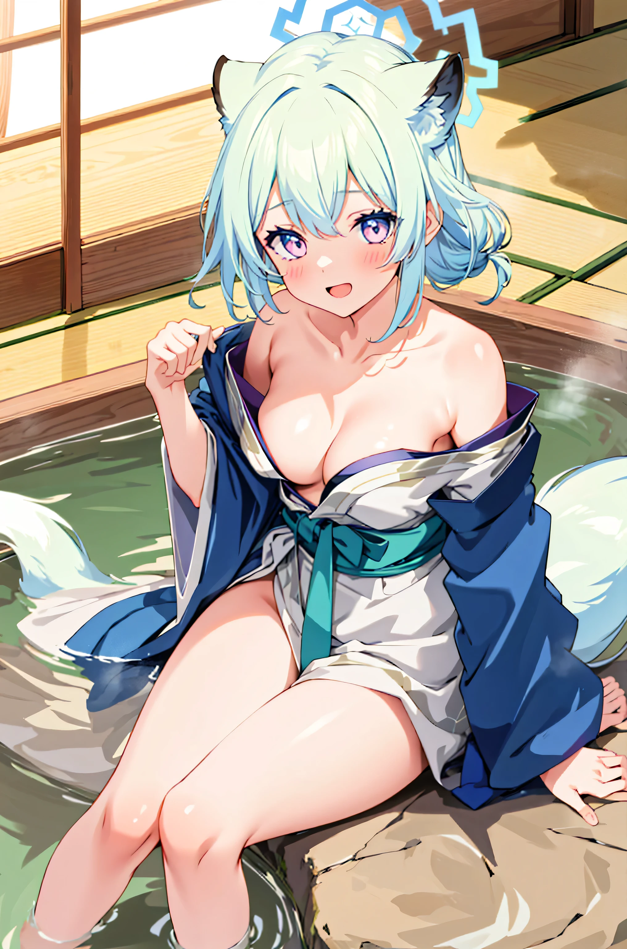 mayoi shigure, 1girl, solo, looking at viewer, blush, smile, open mouth, bangackground, animal ears, cleavage, medium breasts, tail, japanese clothes, wide sleeves, pink eyes, official alternate costume, halo, obi, multicolored eyes, light green hair, yagasuri, grey kimono, bath yukata, weasel ears,breast burst out