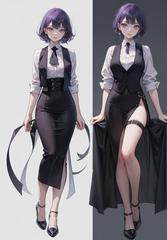 ((Perfect Face)),Purple Hair,Shortcuts,Adult female,bartender,((Harness)),Black vest,((Shirt with rolled up sleeves)),tie,((slit)),High heels,,((Simple Background)),smile,((whole body)),((full body)),Character portrait,upright,,Both arms are lowered,upright,