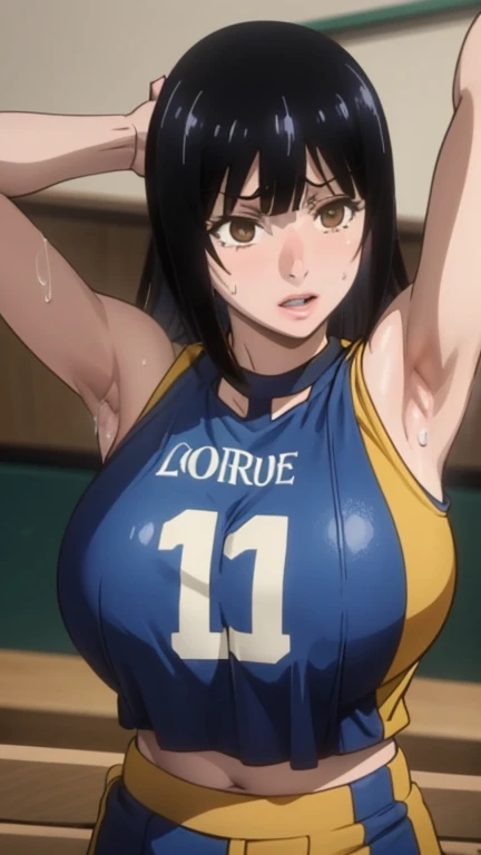 a close up of a person wearing a basketball uniform, a picture, inspired by Kentaro Miura, trending on pixiv, Nico Robin, One Piece, wearing yellow nba jersey, yellow croptop nba jersey, wearing a low cut croptop, wearing croptop, croptop, the word "Lakers" on the croptop, golden raito, (winking), shirobako, large)}], favorite scene, fine details. anime. skins, sweating, big breasts, both hands raised, armpits, armpits visible, dripping with sweat, more more sweat, sweaty armpits