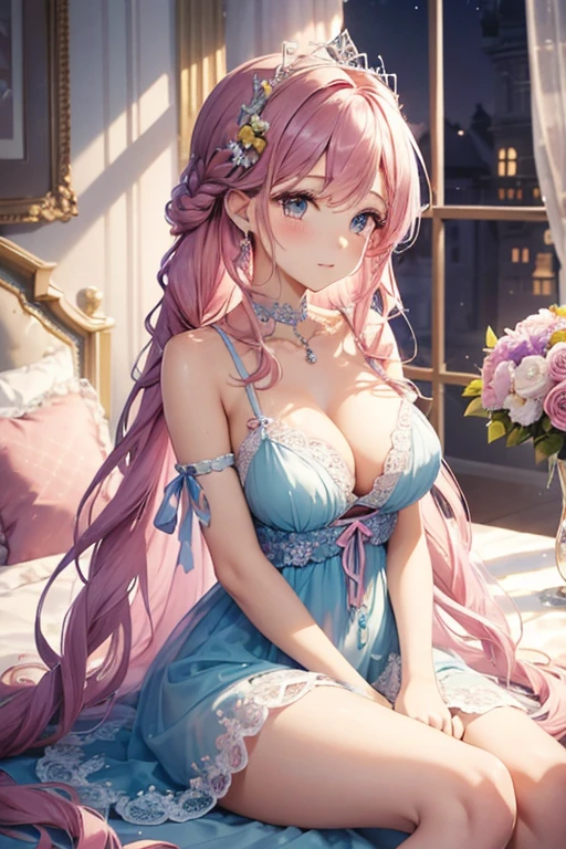 a close up of a woman in a lingerie posing for a picture, Sexy :8, Open V chest clothes, wearing Sexy lingerie, , lingerie, nightgown, Sheer, lingeries beauty, lacey, laced lingerie, Sexy gown, Sexy dress, Sexy style, Olive,opened dress、Beds with Arafed Bedrooms, Benches, And chandeliers, (Pink colors), Pink pastel, Girly Bedrooms, with soft Pink colors, Bedrooms, white and Pink, beautiful aesthetic design, Pink color scheme, Pink scheme, In romantic style, pastel Pink, Pastel Colors Theme, heaven Pink, dreamy and detailed, ((Pink)), Pink and gold color scheme、Pastel blue and pink, lovely pastel colors, Shades of pink and blue, Beautiful details and colors, Soft blue and pink colors, Beautiful flowers, beautifuly color, rich pastel colors, Nice colors, Beautiful lush colors, blue and pink colors, Very lovely pastel colors, Bright and soft colors, Pretty flowers、a woman in a Purple Dress standing in front of flowers, fantasy long intricate gown, sexy gown, fantasy dress, Wearing a purple gown, translucent dress, extravagant dress, Purple Dress, intricate fantasy dress, magical dress, style of julia razumova, Ombre fishnet tights gown, dressed beautiful gown, by Gabriel Ba, diamond shimmering dress、A bride with long braids sitting at a table with flowers in her hair, (((flower in hair))), flower in hair, flower in hair, covered with flowers, floeers in hair, Complex hairstyle, Decorated with flowers, very Beautiful style, flower in hair, Beautiful aerith gainsborough, Tiara with amazing flowers, Beautiful!!!!!!!!!!!!, With colorful flowers