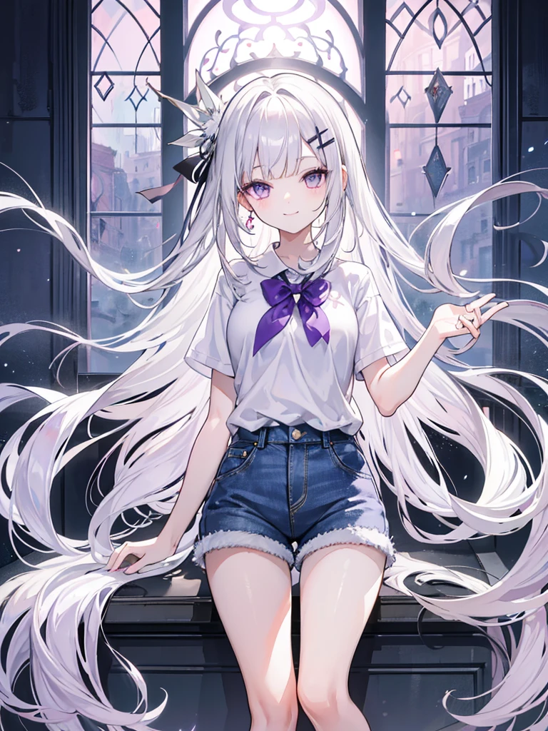 Long silver-white hair and waist，Purple Eyes，Cross Bangs，Hair scattered on thighs，170 tall girls，White short sleeve，Girl of medium build，Light blue denim shorts，Smile，In the school department，With a beautiful hairpin