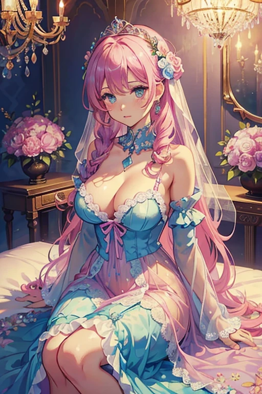 a close up of a woman in a lingerie posing for a picture, Sexy :8, Open V chest clothes, wearing Sexy lingerie, , lingerie, nightgown, Sheer, lingeries beauty, lacey, laced lingerie, Sexy gown, Sexy dress, Sexy style, Olive,opened dress、Beds with Arafed Bedrooms, Benches, And chandeliers, (Pink colors), Pink pastel, Girly Bedrooms, with soft Pink colors, Bedrooms, white and Pink, beautiful aesthetic design, Pink color scheme, Pink scheme, In romantic style, pastel Pink, Pastel Colors Theme, heaven Pink, dreamy and detailed, ((Pink)), Pink and gold color scheme、Pastel blue and pink, lovely pastel colors, Shades of pink and blue, Beautiful details and colors, Soft blue and pink colors, Beautiful flowers, beautifuly color, rich pastel colors, Nice colors, Beautiful lush colors, blue and pink colors, Very lovely pastel colors, Bright and soft colors, Pretty flowers、a woman in a Purple Dress standing in front of flowers, fantasy long intricate gown, sexy gown, fantasy dress, Wearing a purple gown, translucent dress, extravagant dress, Purple Dress, intricate fantasy dress, magical dress, style of julia razumova, Ombre fishnet tights gown, dressed beautiful gown, by Gabriel Ba, diamond shimmering dress、A bride with long braids sitting at a table with flowers in her hair, (((flower in hair))), flower in hair, flower in hair, covered with flowers, floeers in hair, Complex hairstyle, Decorated with flowers, very Beautiful style, flower in hair, Beautiful aerith gainsborough, Tiara with amazing flowers, Beautiful!!!!!!!!!!!!, With colorful flowers