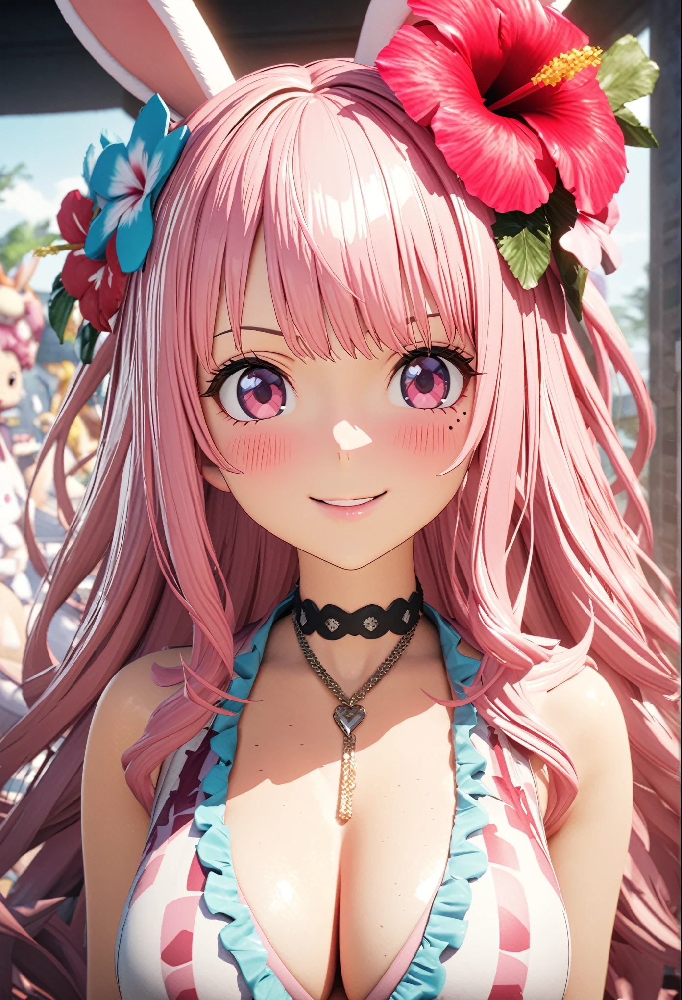 Anime girl with pink hair and bunny ears posing for a picture - SeaArt AI