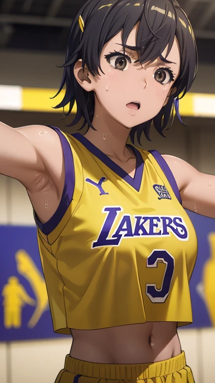 a close up of a person wearing a basketball uniform, a picture, inspired by Kentaro Miura, trending on pixiv, wearing yellow nba jersey, yellow croptop nba jersey, wearing a low cut croptop, wearing croptop, croptop, the word "Lakers" on the croptop, golden raito, (winking), shirobako, large)}], favorite scene, fine details. anime. skins, sweating, big breasts, both hands raised, armpits, armpits visible, dripping with sweat, more more sweat, sweaty armpits